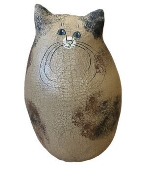 Vintage Natalie Silitch Folkart Cat Kitten Brown Cracked Canvas 8” Signed